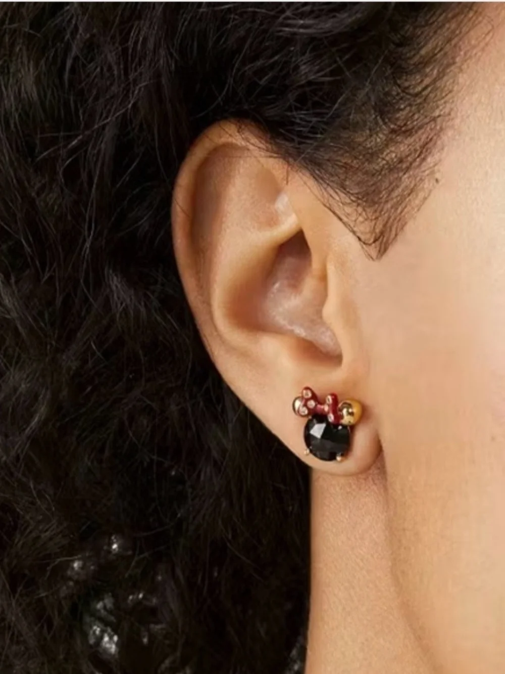 Disney Kate Spade Red Bow Gold Minnie Mouse Black Crystal Stud Earrings New